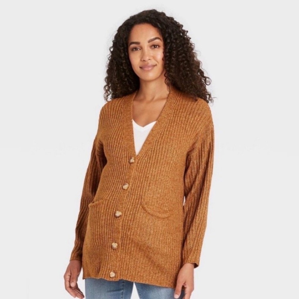 Isabel Maternity V-Neck Button Front Cozy Chunky Knit Grandpa Cardigan XL Brown